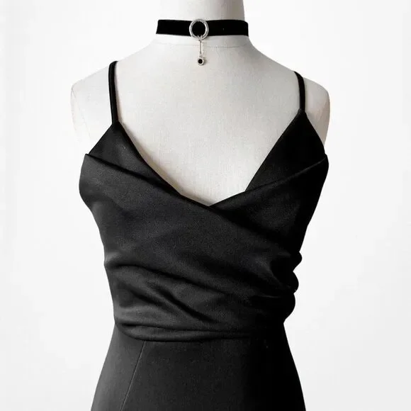 Black Cowl Neck Halter Bodycon Ruffle Midi Cocktail Formal Dress Size 2/XS
